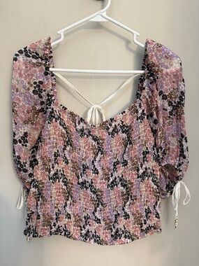 Free People Lavender Pink Floral Smocked Puff-Sleeve Blouse